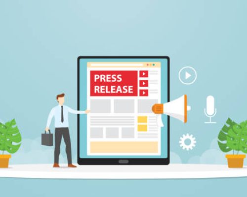 Public relations make press releases through company blogs. Modern flat cartoon design vector illustration.